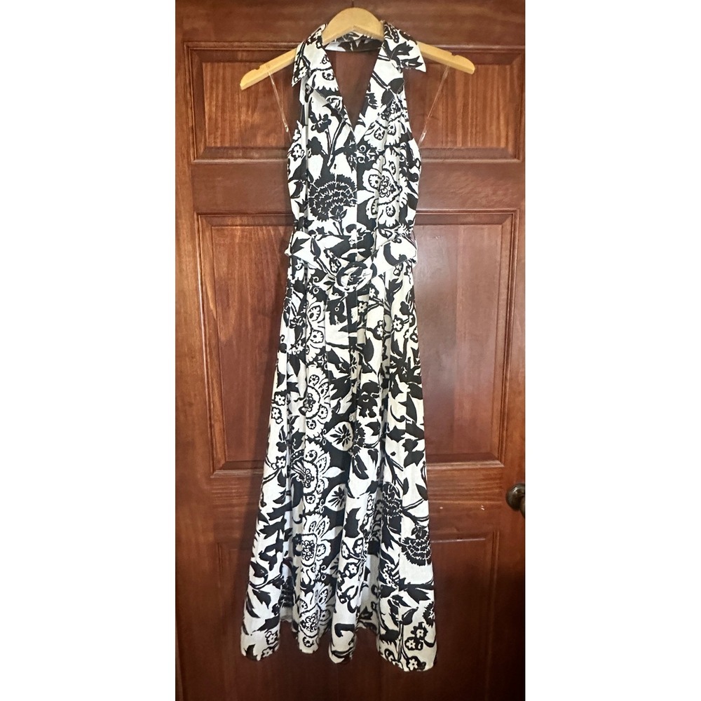 Garden party/wedding black and White Floral Halter Midi Dress Cotton Linen Belt